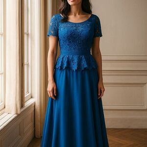 Serena London Peacock Blue Lace Bejeweled Gown - Size 12 - Chiffon & Ribbon